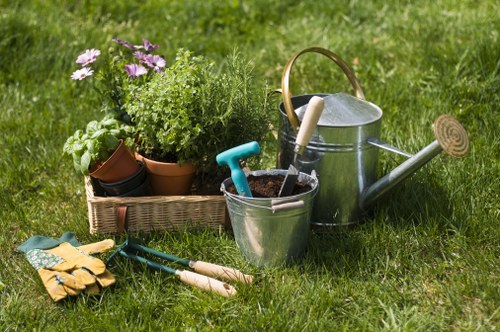 Garden maintenance tools and tidy borders